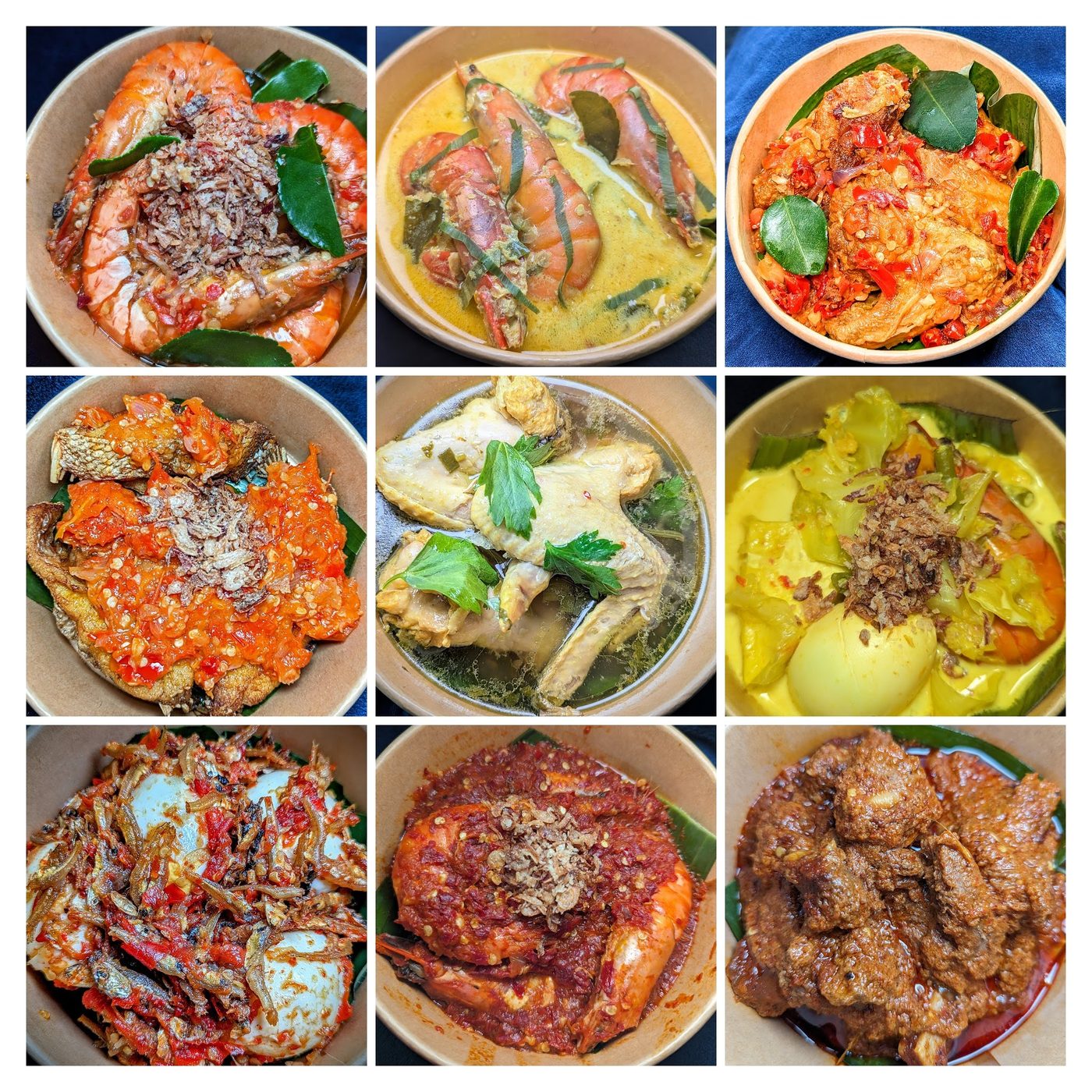 Halal keto nasi campur dishes from Kyla With Keto Singapore including rendang, sambal sotong and udang lado